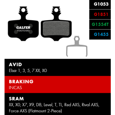 Klocki hamulcowe Galfer AVID Elixir 1, 3, 5, 7 XX, X0 | SRAM XX, X0, X7, X9, DB, Level, T, TL, Red AXS, Rival AXS, Force AXS - Advanced